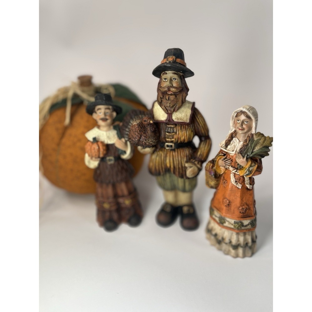 Vintage Pilgrim Figurines Set of 3 Thanksgiving Fall Decor Resin & Pumpkin